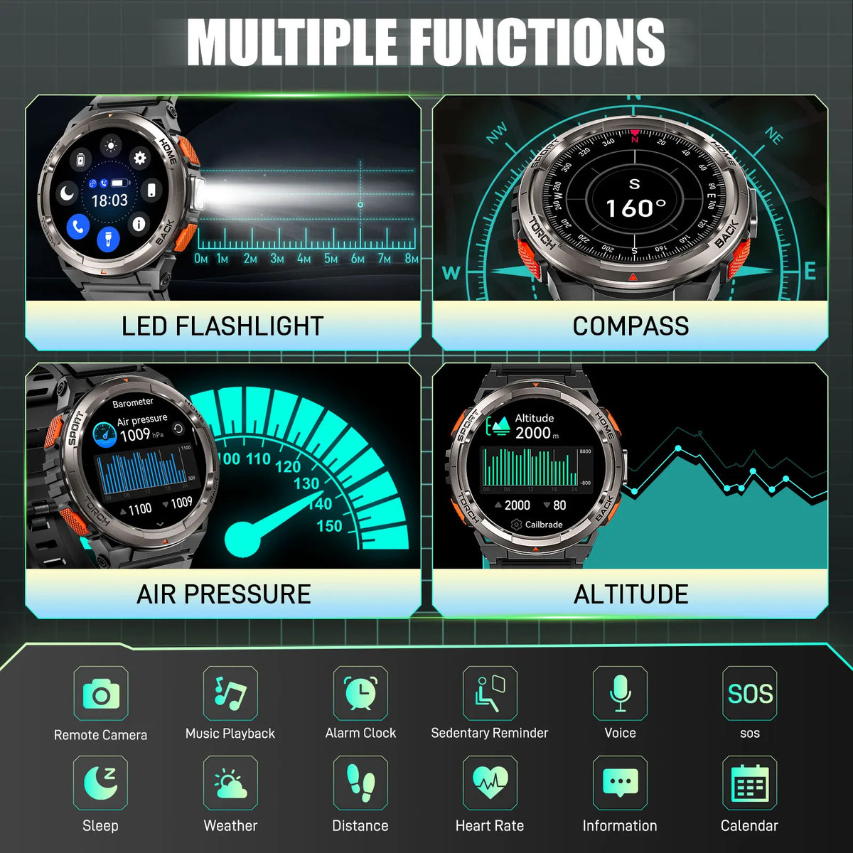 EIGIIS Waterproof Smart Watch With Compass Barometer And LED Flashlight
