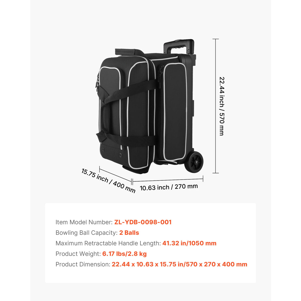 SucceBuy Bowling Ball Bag 2 Ball Double Roller Bowling Bag Featuring a Separate Compartment for Shoes Handle Extends to 41.32 in