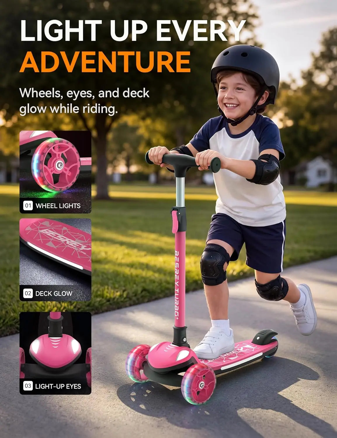 Kids Three Wheel Light Up Scooter With Push Powered Lights