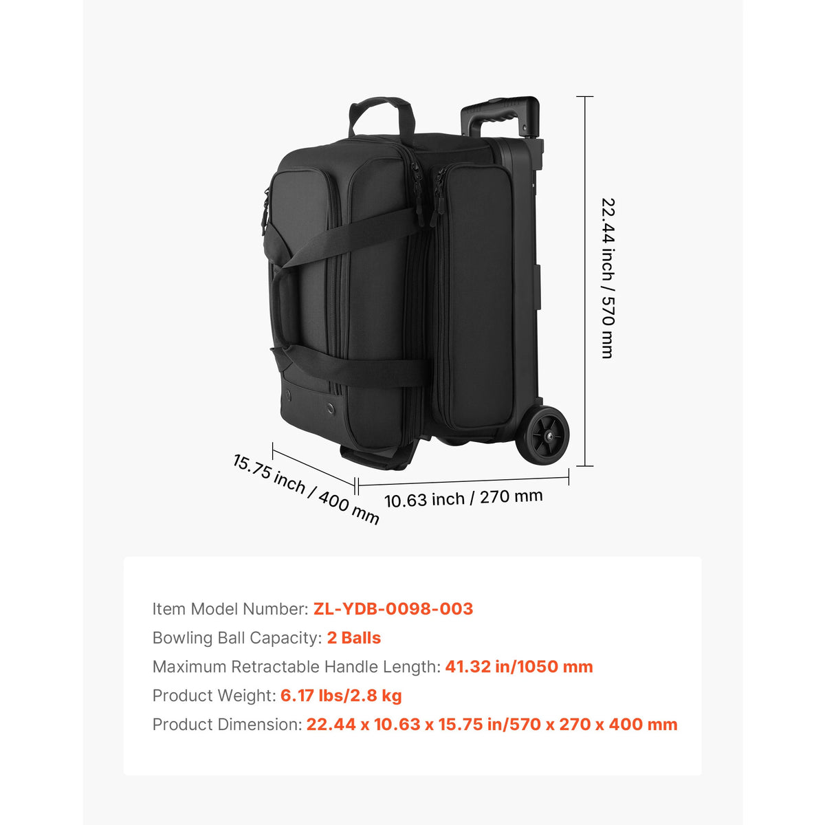 SucceBuy Bowling Ball Bag 2 Ball Double Roller Bowling Bag Featuring a Separate Compartment for Shoes Handle Extends to 41.32 in