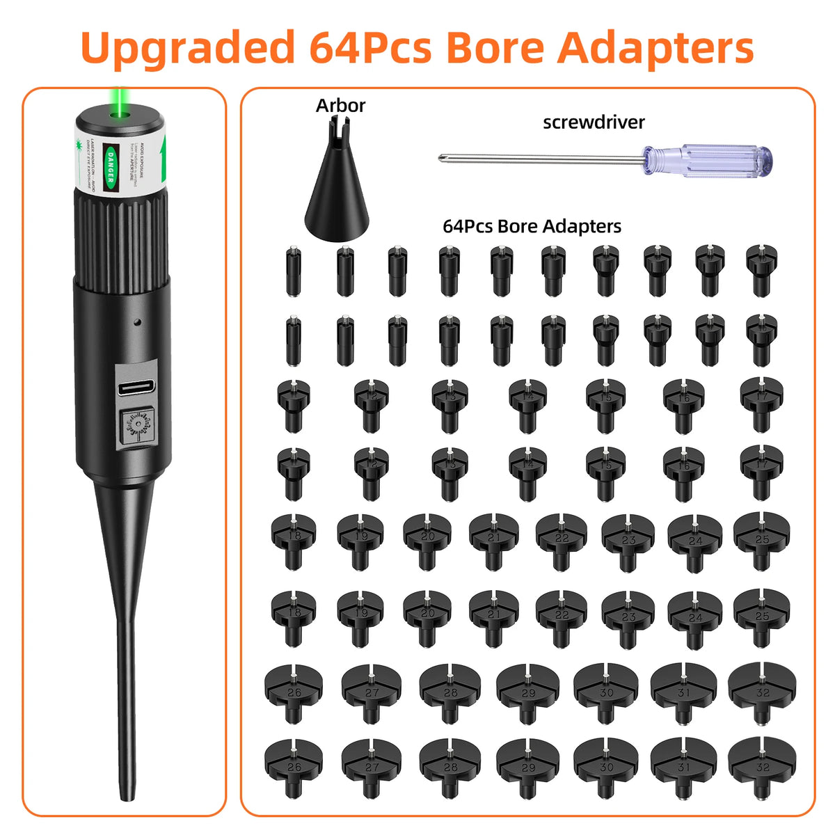 Universal Bore Sighting Tool Kit, Rechargeable Green Laser Boresighter with 64 Upgraded Adapters for .17‑12GA, Complete Accessory Set with Storage Case.
