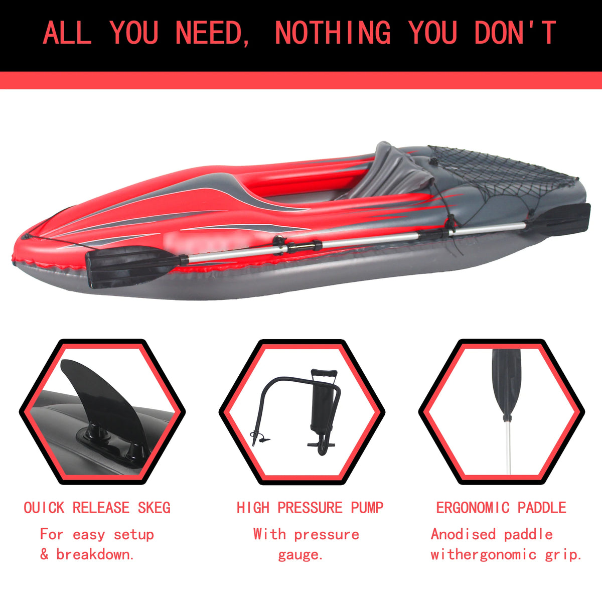 Inflatable Kayak Fishing Boat 1 Person Adult Red Canoe, with Paddles, Bag, Seats, High-Output Pump, Fin, for Lakes & Rivers