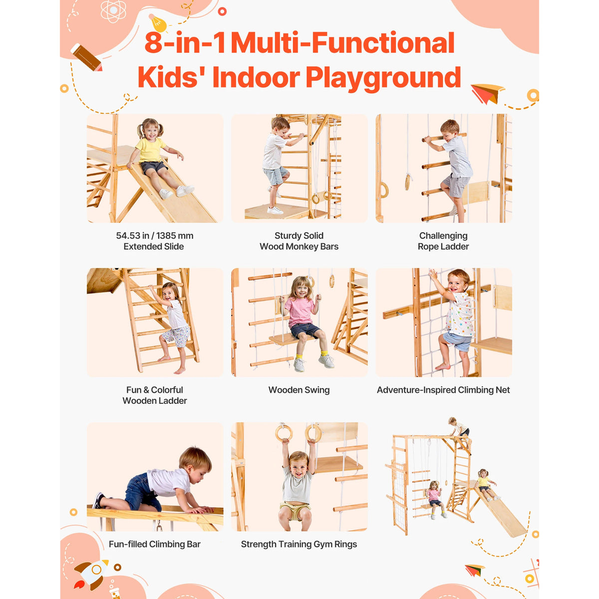 Wooden Indoor Playground Climbing Gym With Slide And Swing