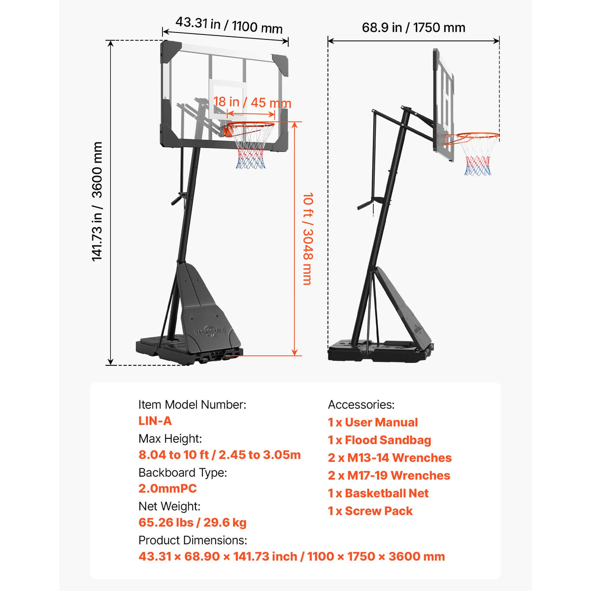 SucceBuy Portable Adjustable Basketball Hoop With Durable Backboard