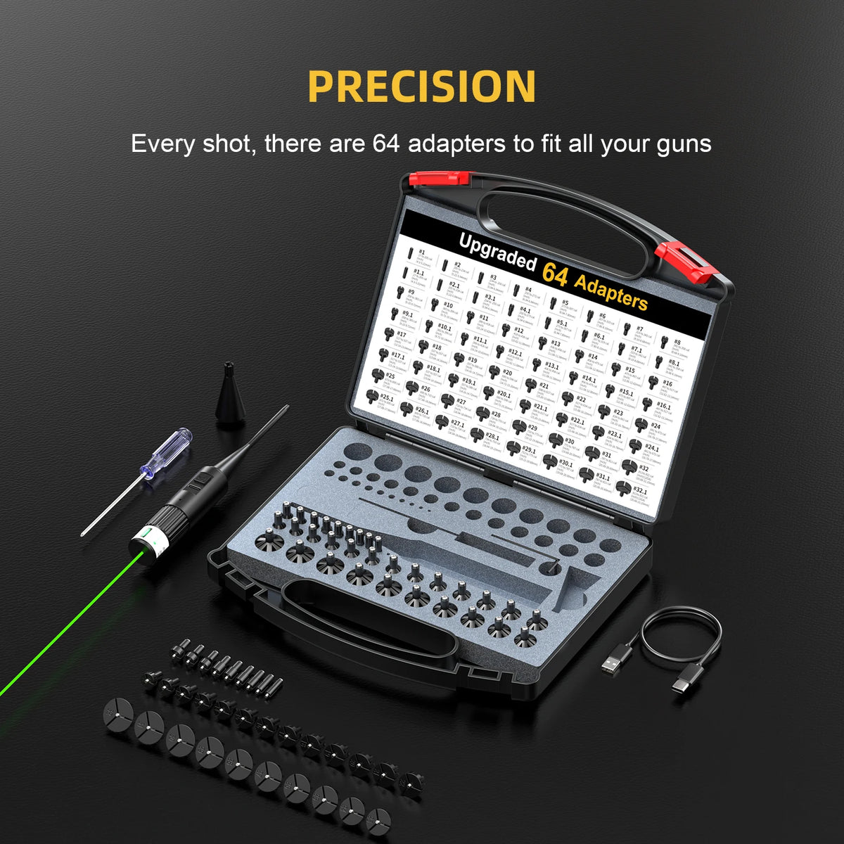 Universal Bore Sighting Tool Kit, Rechargeable Green Laser Boresighter with 64 Upgraded Adapters for .17‑12GA, Complete Accessory Set with Storage Case.