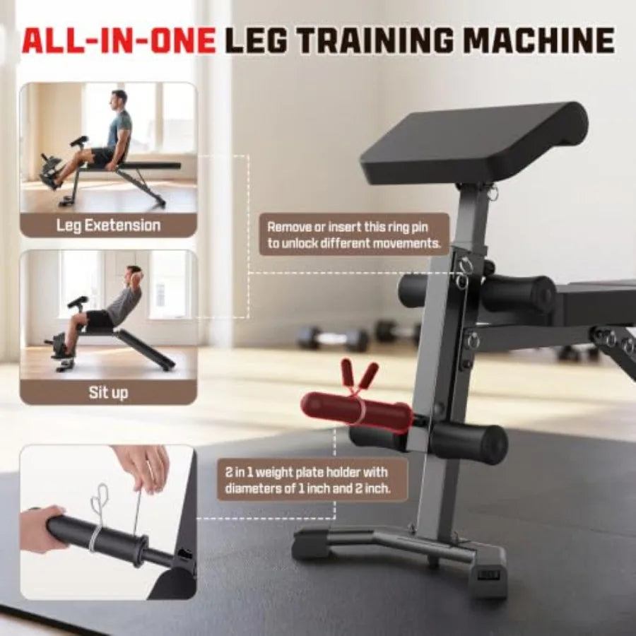 Adjustable Weight Bench with Leg Extension and Preacher Curl Pad for home gym use, steel frame, black, foldable and multi-funct