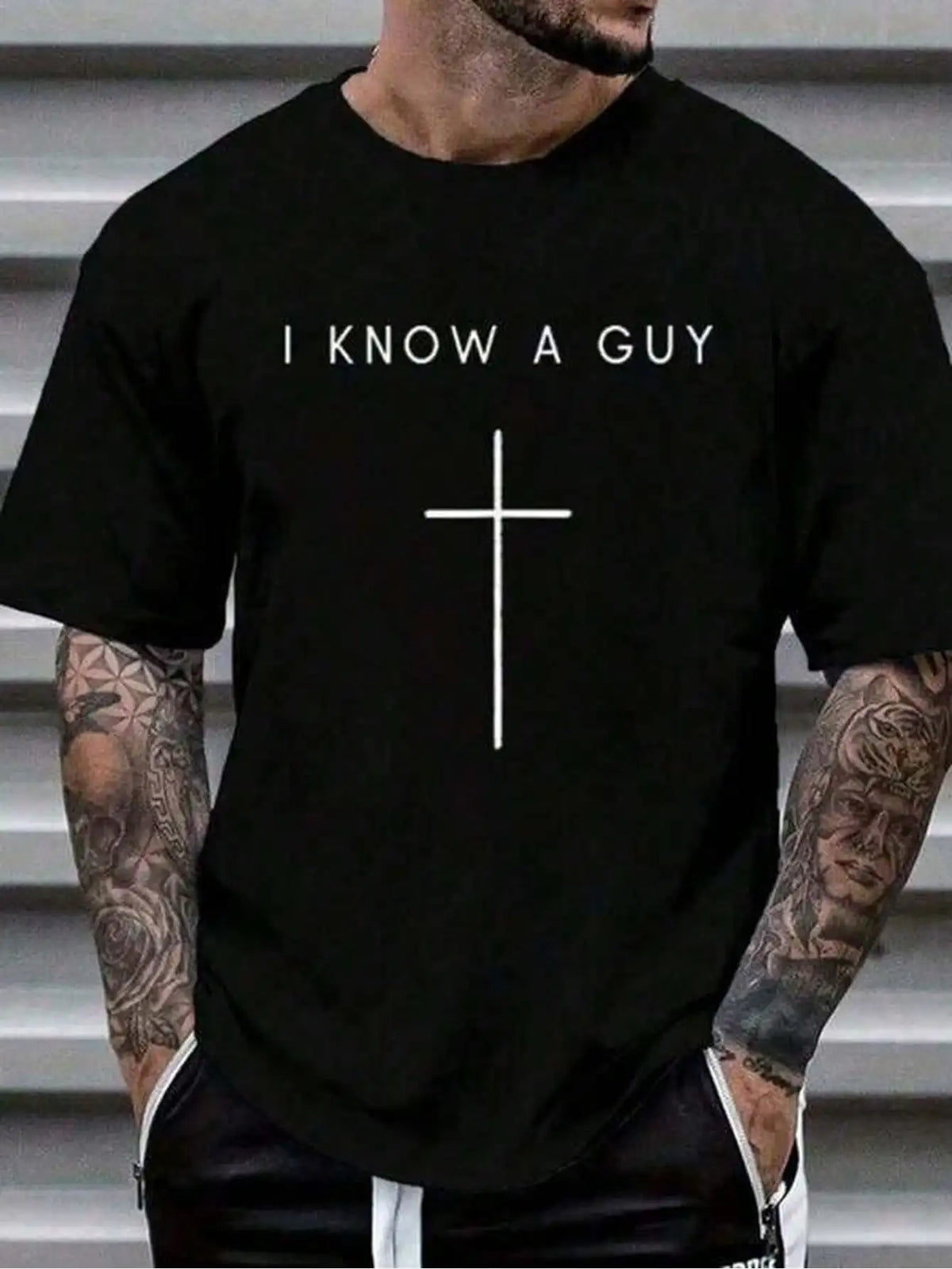 Mens Cross Inscription Print Casual Crew Neck T Shirt