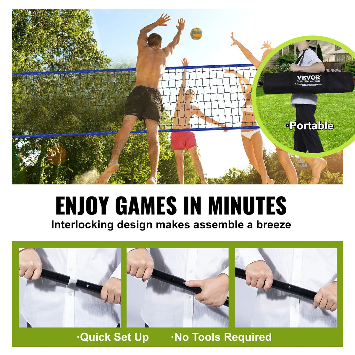 SucceBuy Outdoor Volleyball Net System Adjustable Height Steel Poles W/ PVC Volleyball Pump Carrying Bag for Backyard Beach Lawn