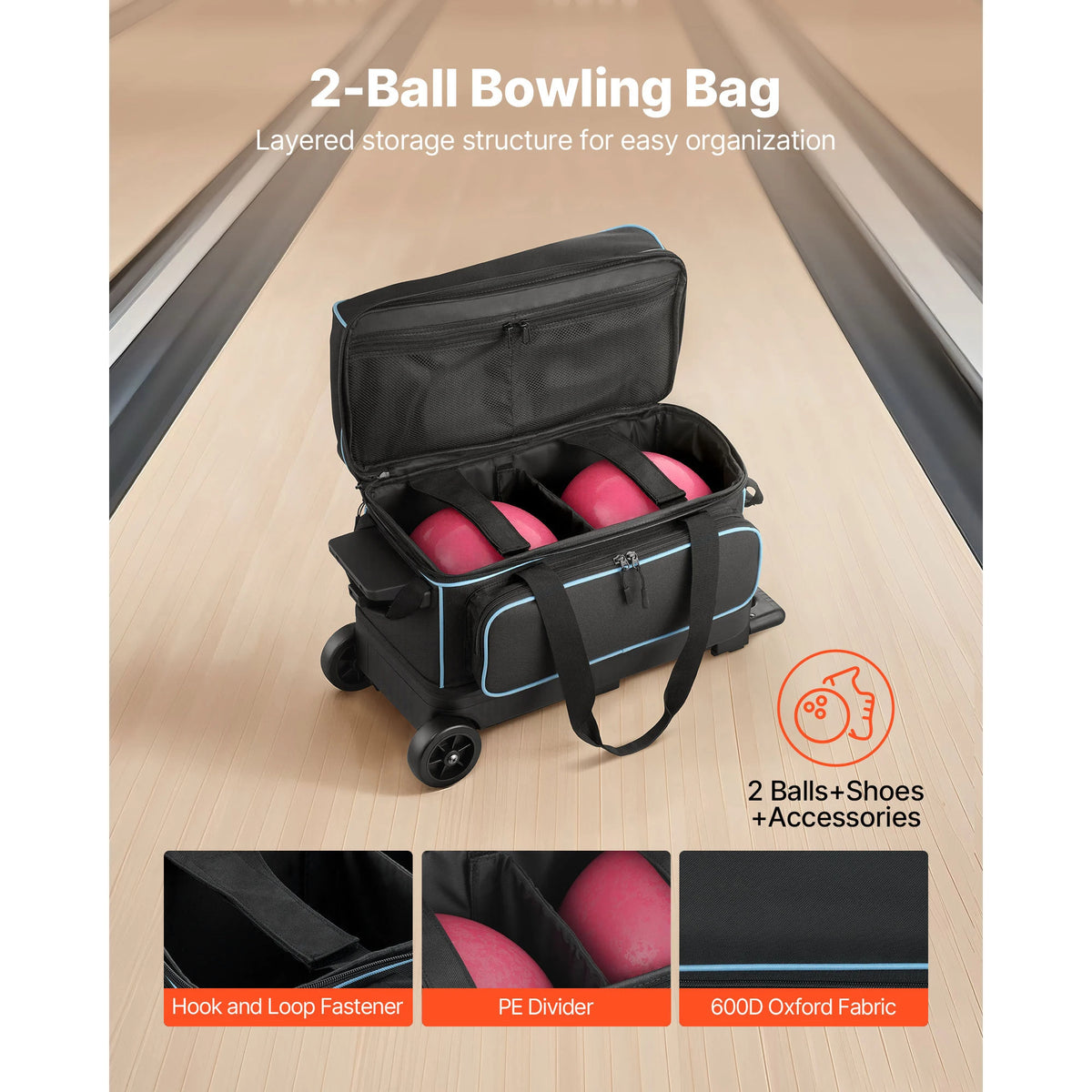 SucceBuy Bowling Ball Bag 2 Ball Double Roller Bowling Bag Featuring a Separate Compartment for Shoes Handle Extends to 41.32 in