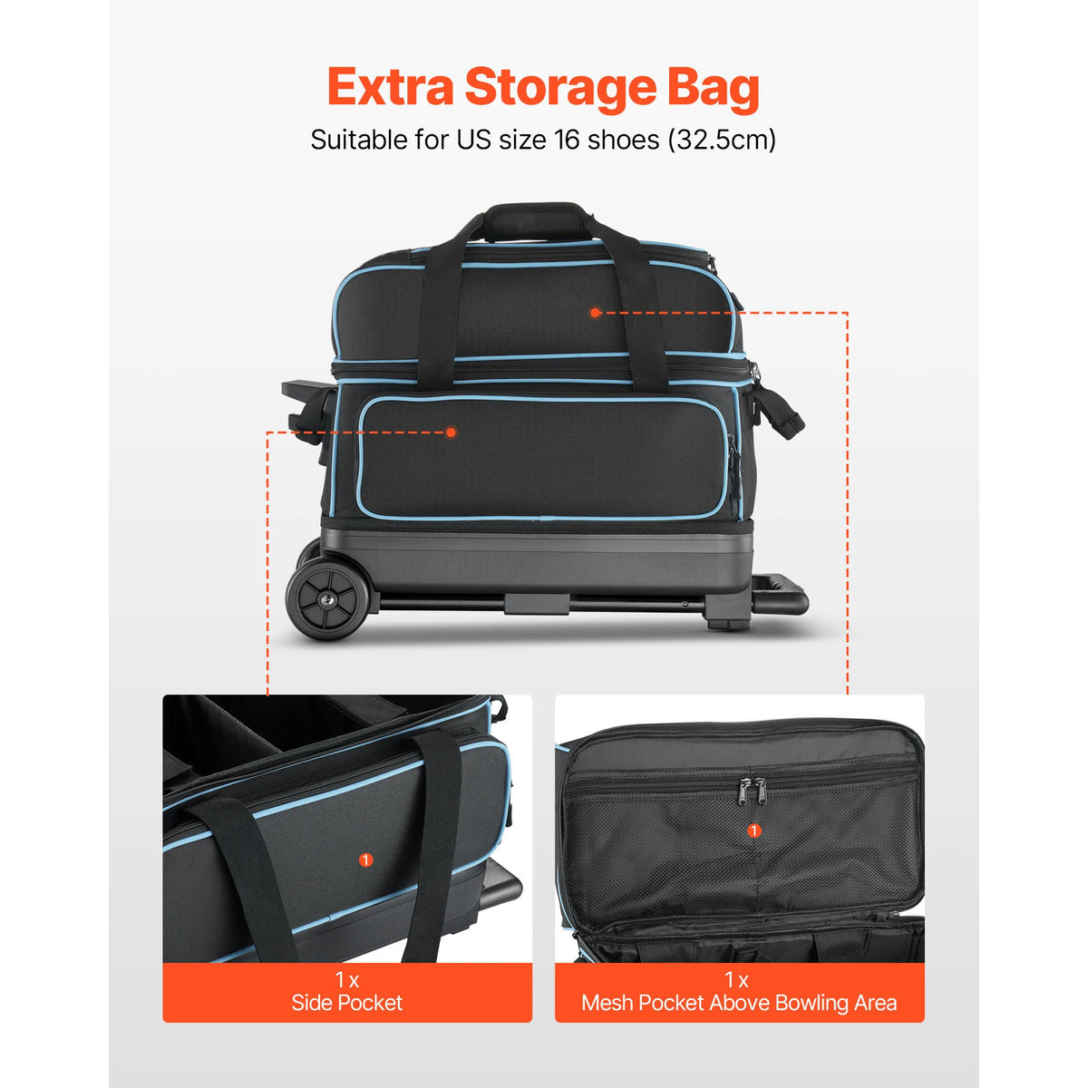 SucceBuy Bowling Ball Bag 2 Ball Double Roller Bowling Bag Featuring a Separate Compartment for Shoes Handle Extends to 41.32 in