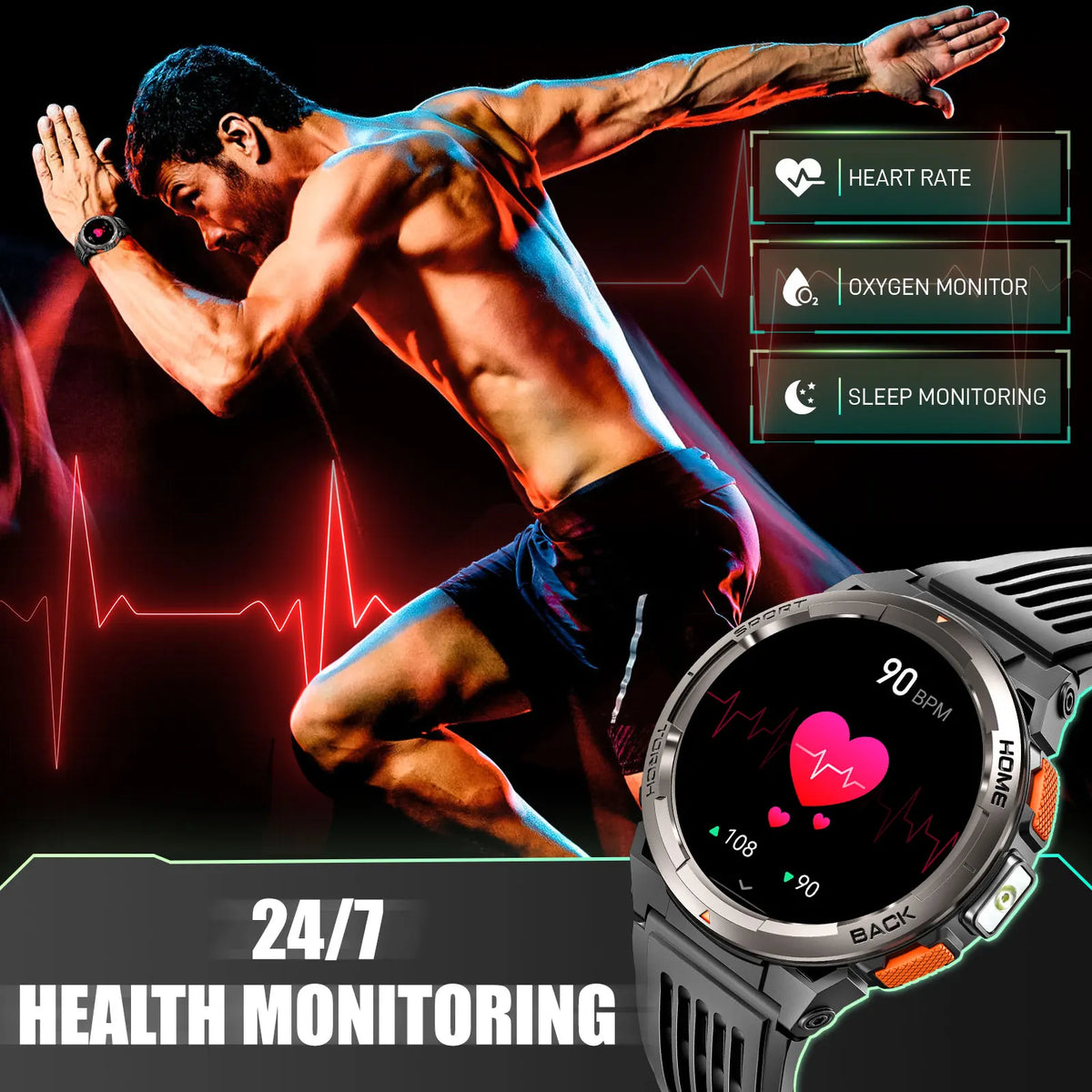 EIGIIS Waterproof Smart Watch With Compass Barometer And LED Flashlight