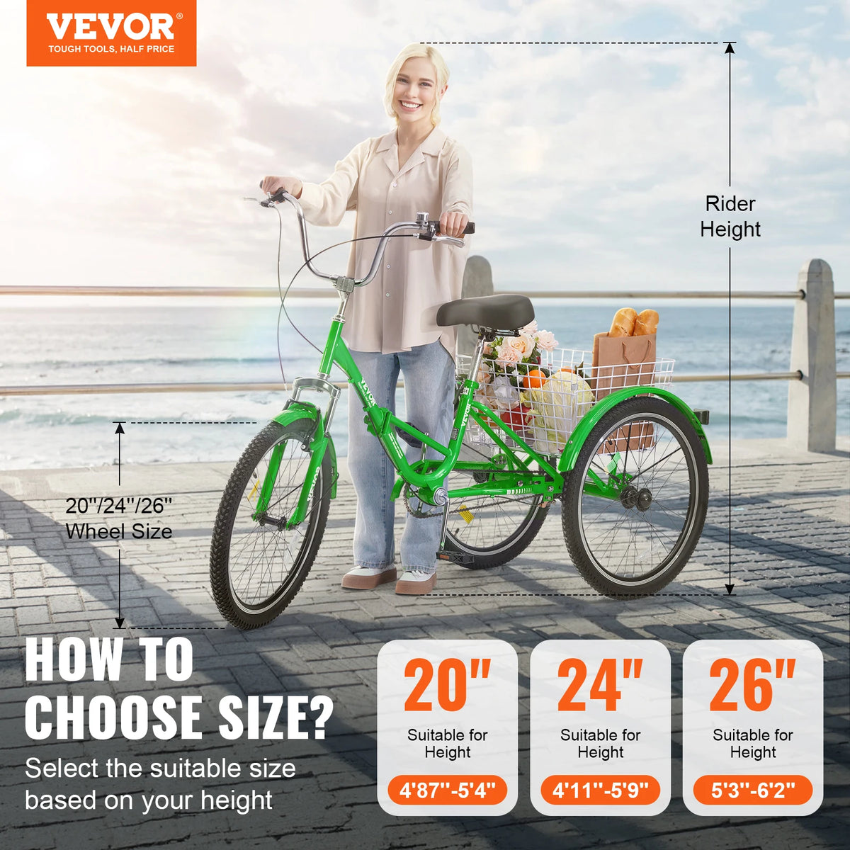 SucceBuy 20/24/26-Inch Folding Adult Tricycle Carbon Steel 3 Wheel Cruiser Shopping Picnic Foldable For Women Men Seniors