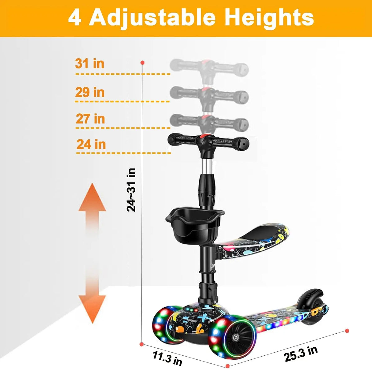 2-in-1 Kids Kick Scooter With Removable Seat And LED Wheels