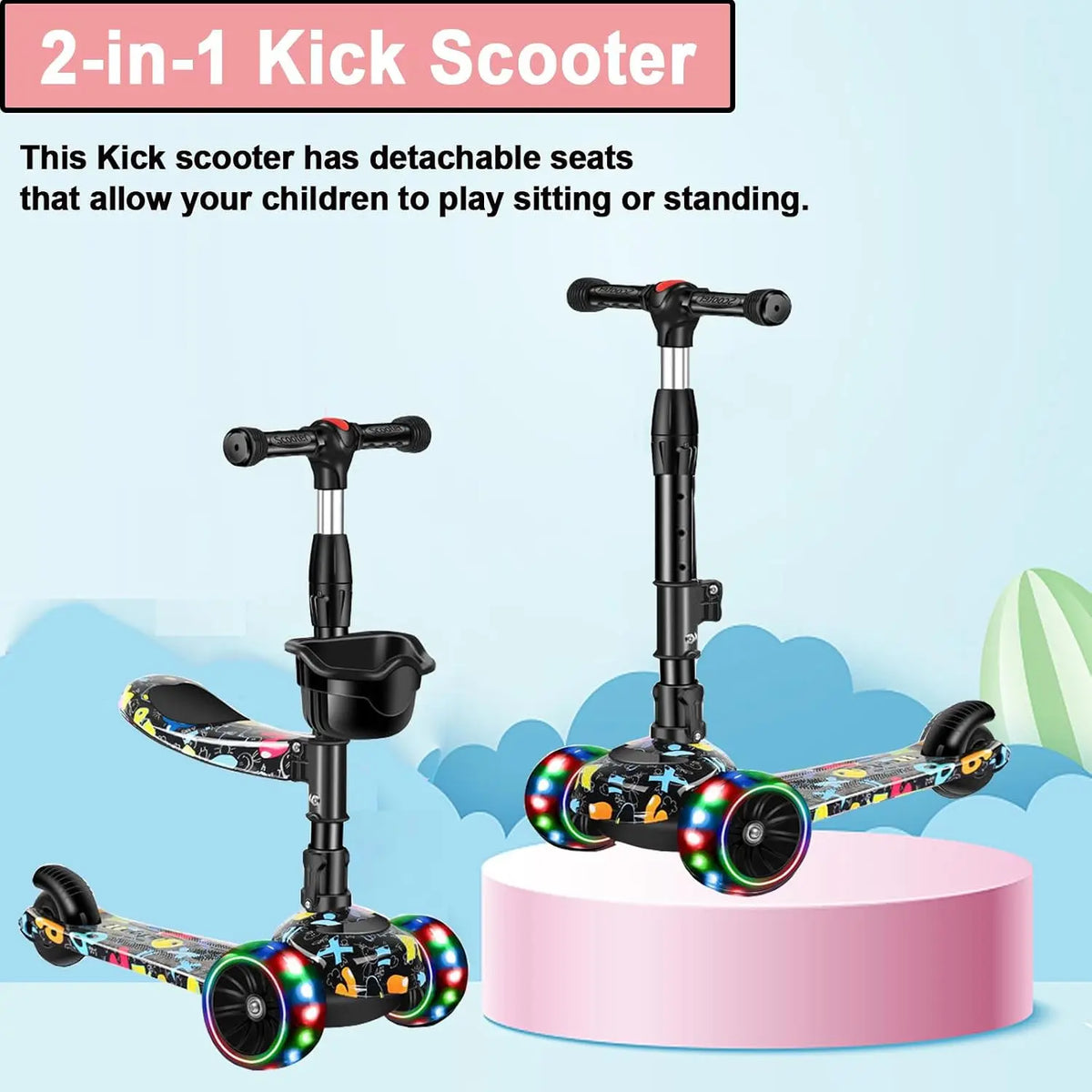 2-in-1 Kids Kick Scooter With Removable Seat And LED Wheels