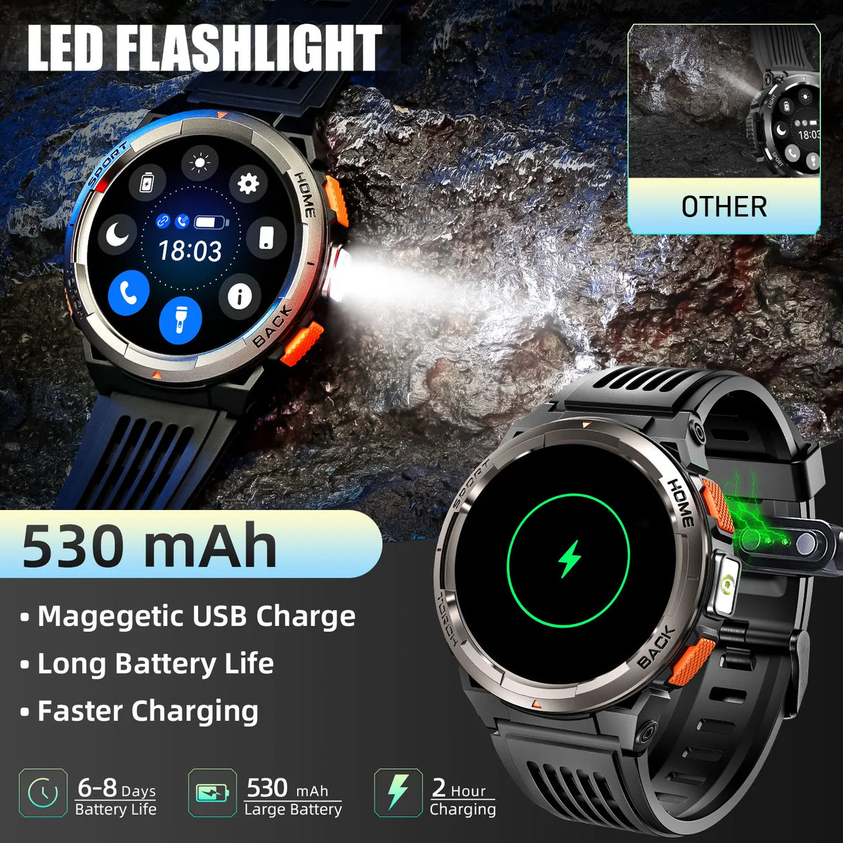 EIGIIS Waterproof Smart Watch With Compass Barometer And LED Flashlight