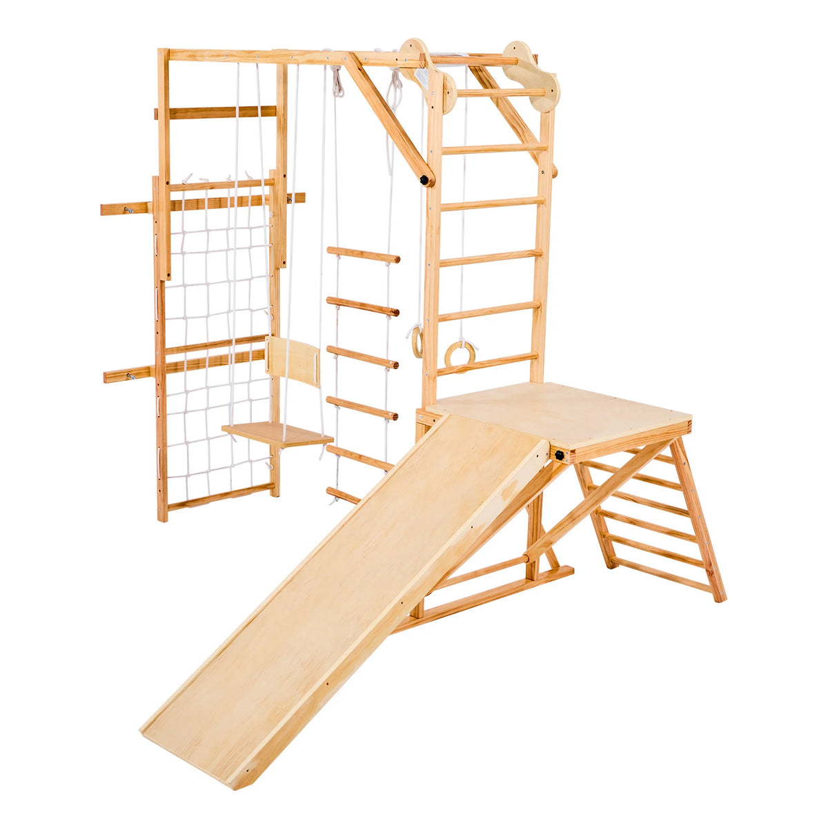 Wooden Indoor Playground Climbing Gym With Slide And Swing