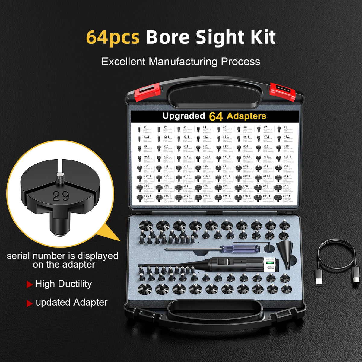 Universal Bore Sighting Tool Kit, Rechargeable Green Laser Boresighter with 64 Upgraded Adapters for .17‑12GA, Complete Accessory Set with Storage Case.