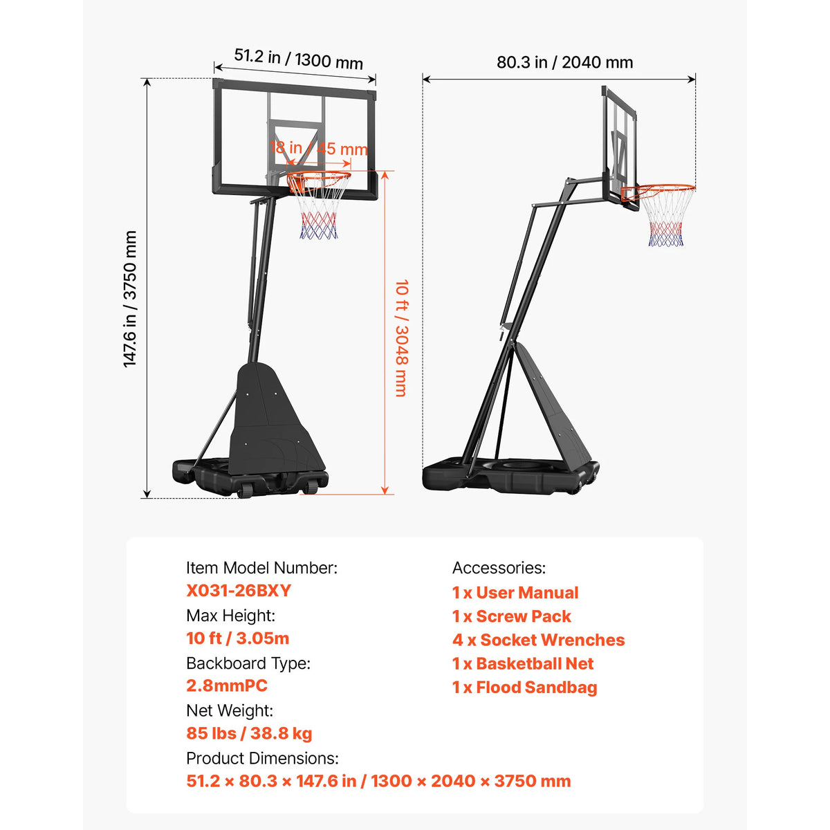SucceBuy Portable Adjustable Basketball Hoop With Durable Backboard