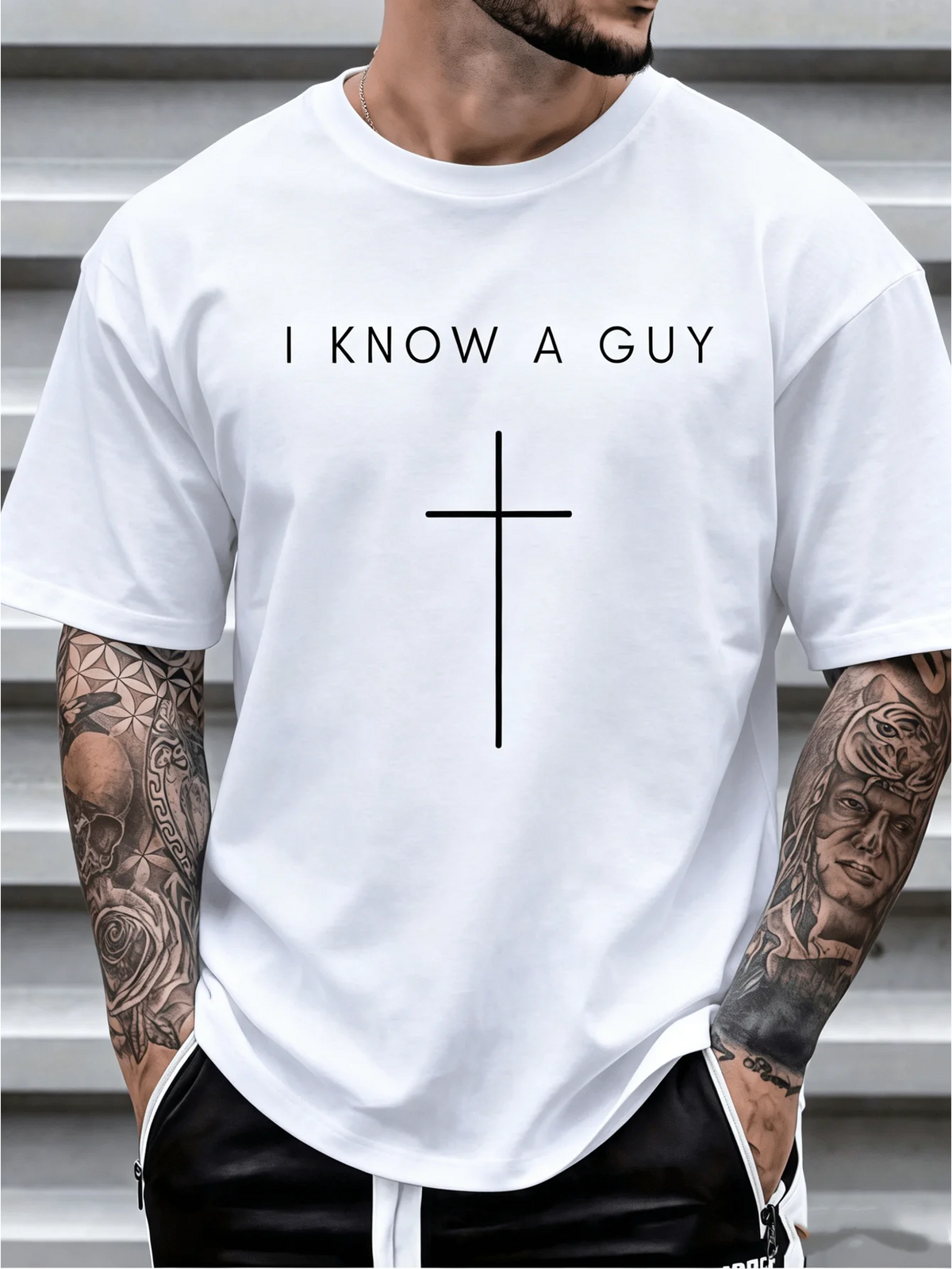 Mens Cross Inscription Print Casual Crew Neck T Shirt