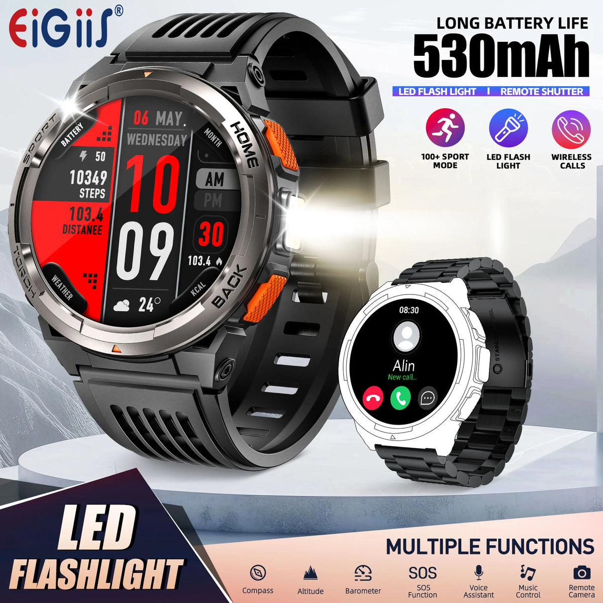 EIGIIS Waterproof Smart Watch With Compass Barometer And LED Flashlight