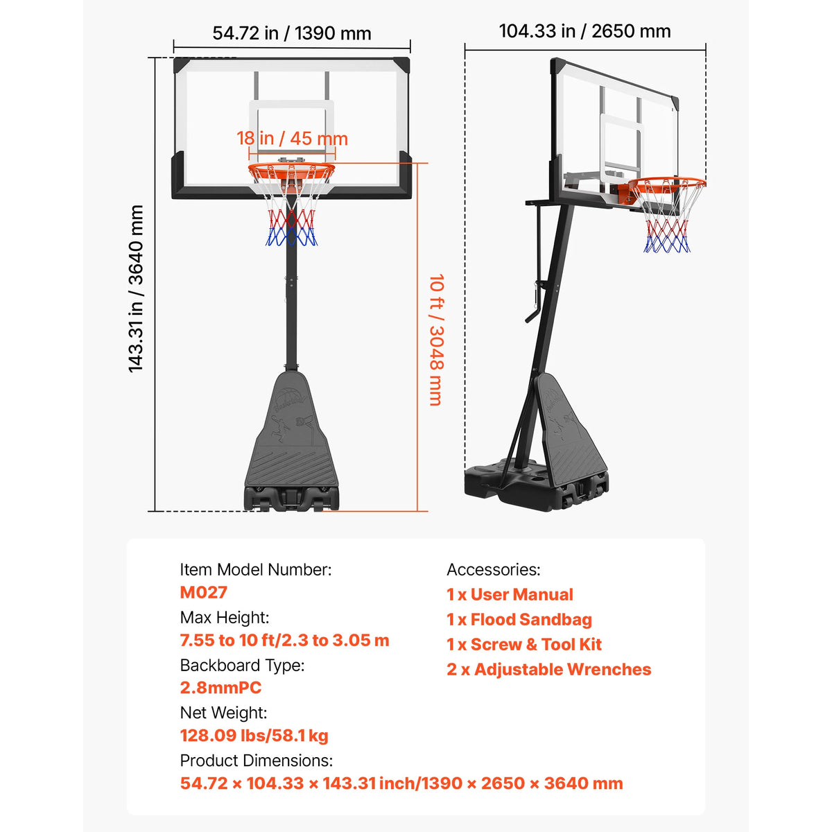 SucceBuy Portable Adjustable Basketball Hoop With Durable Backboard