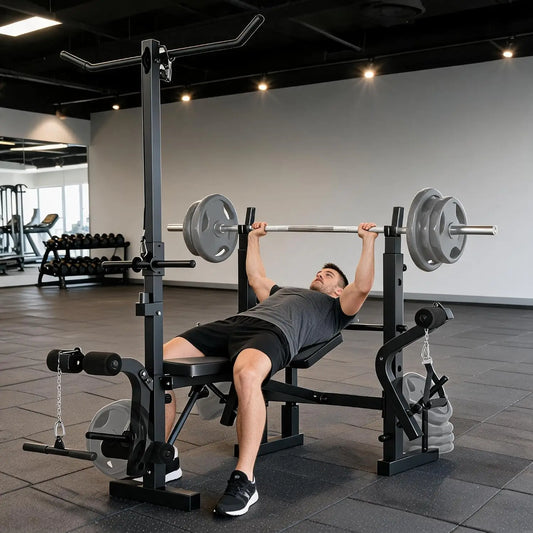 HiMISS Weight Bench Set With Squat Rack And Lat Pulldown