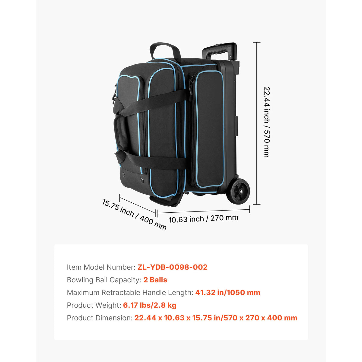 SucceBuy Bowling Ball Bag 2 Ball Double Roller Bowling Bag Featuring a Separate Compartment for Shoes Handle Extends to 41.32 in