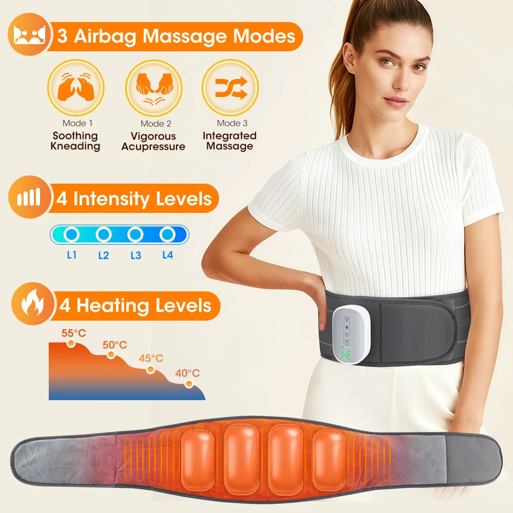 Cordless Heating Waist Belt with 3 Airbag Decompression 4 Heat Settings Adjustable Lumbar Support Massager for Lower Back