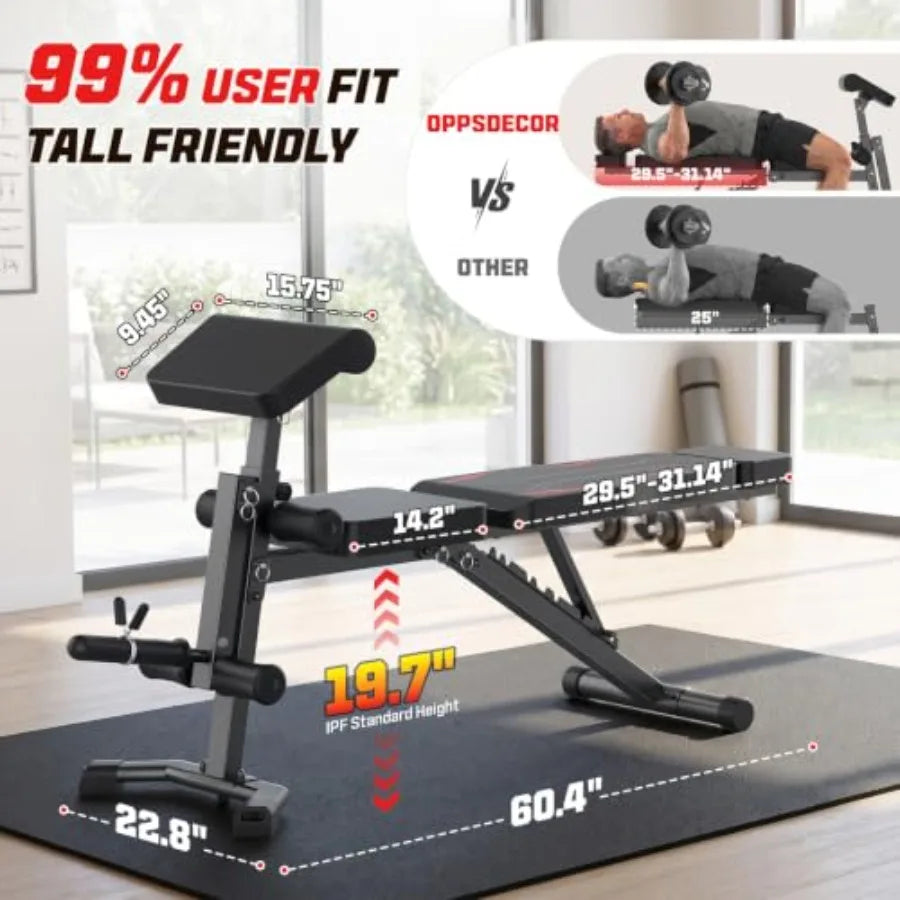 Adjustable Weight Bench with Leg Extension and Preacher Curl Pad for home gym use, steel frame, black, foldable and multi-funct