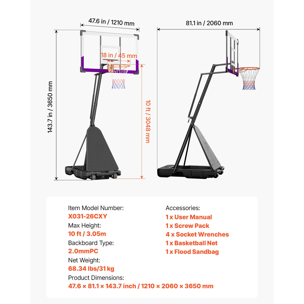 SucceBuy Portable Adjustable Basketball Hoop With Durable Backboard