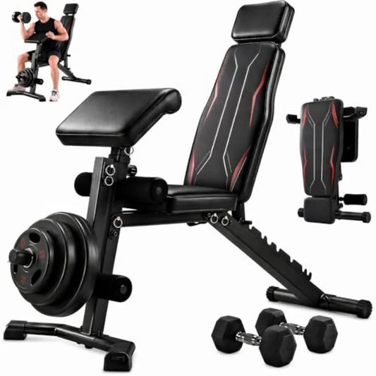 Adjustable Weight Bench with Leg Extension and Preacher Curl Pad for home gym use, steel frame, black, foldable and multi-funct