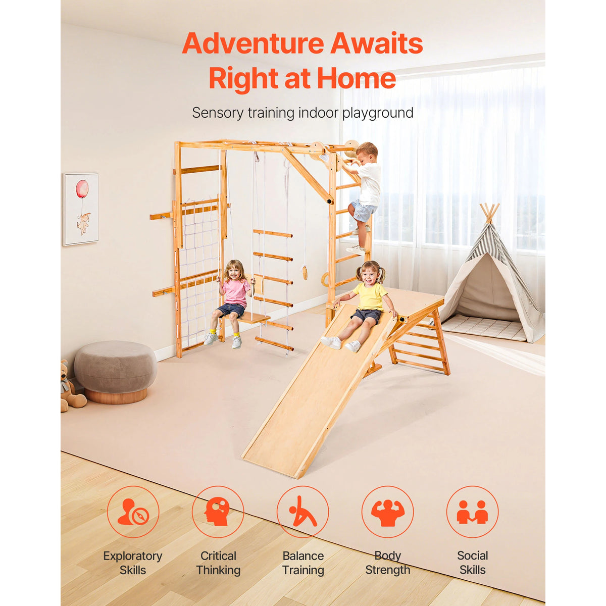 Wooden Indoor Playground Climbing Gym With Slide And Swing