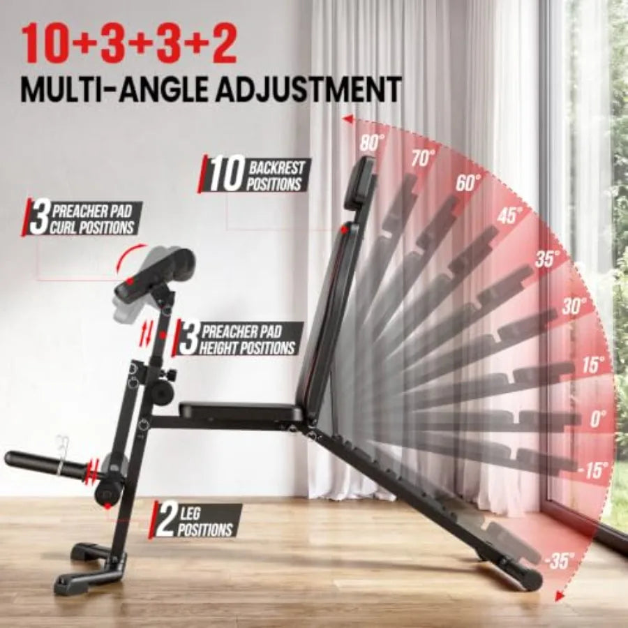 Adjustable Weight Bench with Leg Extension and Preacher Curl Pad for home gym use, steel frame, black, foldable and multi-funct