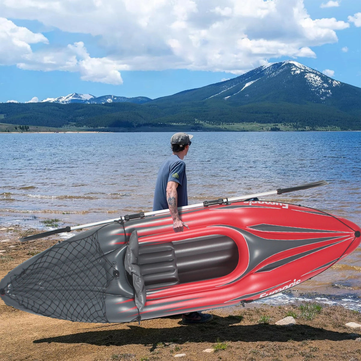 Inflatable Kayak Fishing Boat 1 Person Adult Red Canoe, with Paddles, Bag, Seats, High-Output Pump, Fin, for Lakes & Rivers