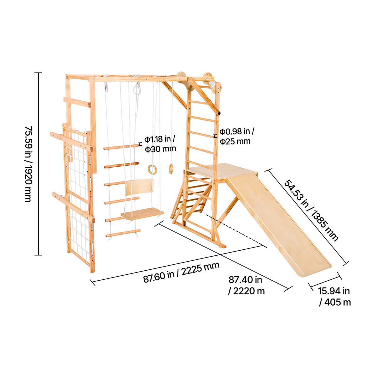 Wooden Indoor Playground Climbing Gym With Slide And Swing