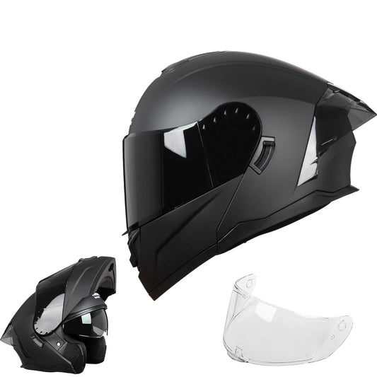 Crown Racing FL900 Modular Motorcycle Helmet, DOT Certified Flip-Up Full Face Helmet with Dual Visor and Extra Clear Shield, Adult Sizes M-XL, Matte Black
