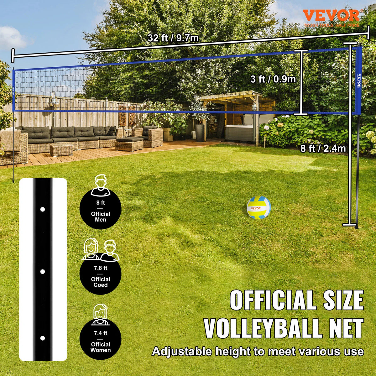 SucceBuy Outdoor Volleyball Net System Adjustable Height Steel Poles W/ PVC Volleyball Pump Carrying Bag for Backyard Beach Lawn