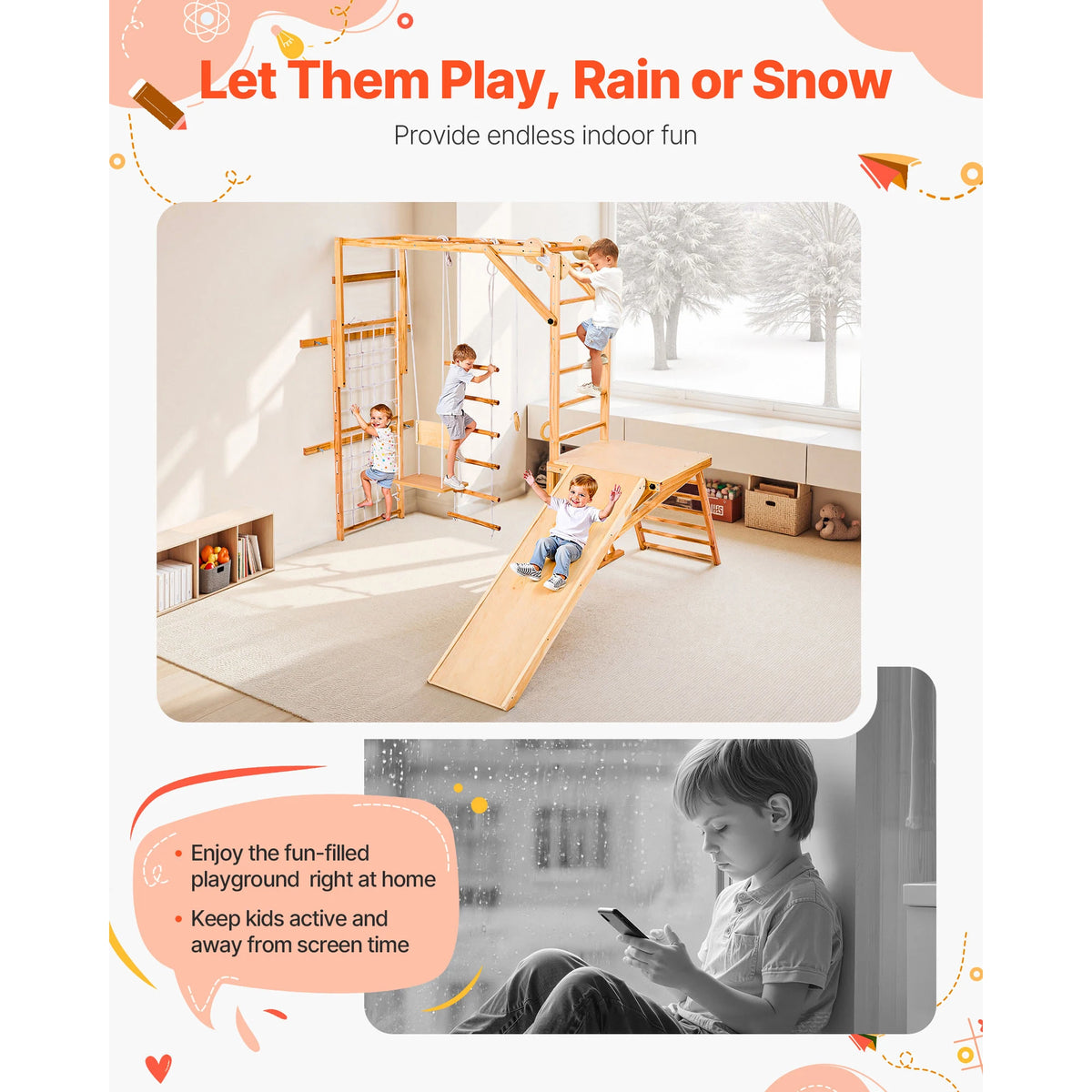 Wooden Indoor Playground Climbing Gym With Slide And Swing